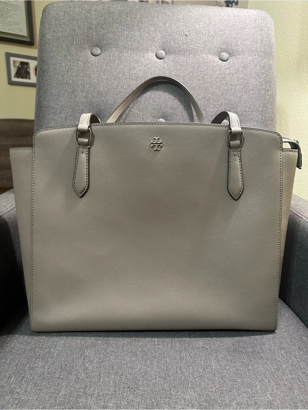 Tory Burch Light Gray Structured Saffiano Tote